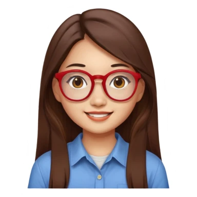 20 yr old asian woman, straight thick long brown hair, middle part, big red glasses, brown eyes, casual shirt sticker