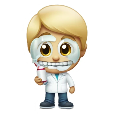 A little kid with sharp teeth looking at medicine sticker