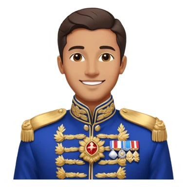 a handsome man in an ornate royal blue and gold military jacket, aristocratic, smiling, luxurious palace interior, detailed, sharp focus, high resolution, 8k, hyperrealistic, cinematic lighting, dramatic shadows sticker