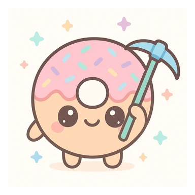 kawaii-style donut character with big eyes and a smile, holding a pickaxe, for DonutSMP sticker