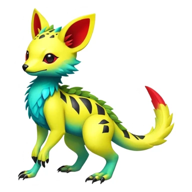 Rare realistic exotic edgy tropical cute yellow, with neon-green, neon-red, and neon-cyan markings epic pretty beautiful handsome gorgeous aesthetic colorful vibrant Vernid-Trico-species-Fakemon-creature by LiLaiRa, 4 legs, 1 tail, random markings, (full body) sticker