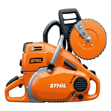 Kettensäge vom STIHL mit grauem Gehäuse, orangenem Deckel und schwarzen Griffen, die Schiene ist Grau, nicht Orange, mit Kette in Grau, seitlich ist das STIHL Logo in weißer Schrift in einem orangenem Kreis platziert sticker