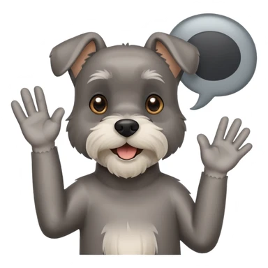 Happy Schnauzer waving hello. A speech bubble with HELLO sticker