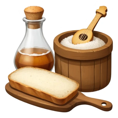 a bottle of salt (salt shaker) and a loaf of peasant bread with a small mandolin - still life composition sticker