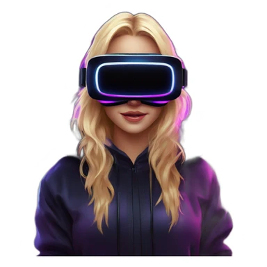 Russian blondy girl celebrating her birthday wearing a black hoodie and VR headset in a cyberpunk VR environment with violet neon lighting sticker