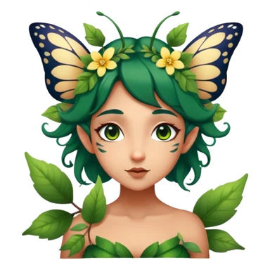 Cinematic Realistic Forest Fairy Portrait, head tilted playfully and inquisitively, showcasing a nature-inspired form with intricately detailed, sunlit tanned skin and cascading dark green hair interlaced with leaves and blossoms showing her large butterfly wings from her back. Her bright, curious eyes sparkle with forest mischief, rendered with lifelike clarity and warm, dappled lighting that captures the spirit of an enchanting woodland fairy ready to dance among the trees. sticker