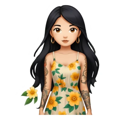 Beautiful Asian girl with long black hair and body tattoos wearing a floral sundress sticker