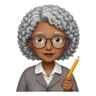 old woman teacher, brown skin, curly grey white hai, wearing glasses, hold chalk on hand sticker