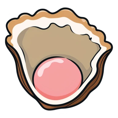 Brown shelled oyster with pink flesh inside and white pearl sticker
