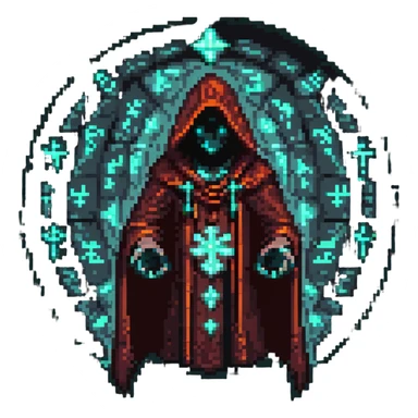 Add glowing magical runes floating around the hooded figure's hands in the pixel art style, keeping the transparent background. sticker