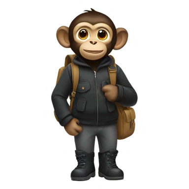 Monkey wearing black winter boots and a black backpack sticker