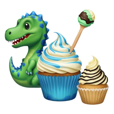 A cupcake having blue and black icing and a dinosaur as a decoration and ice cream next to it sticker