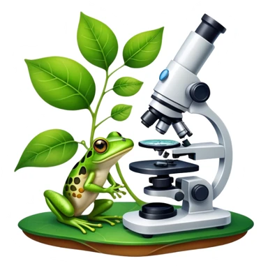 An icon featuring a DNA strand, a microscope, and a green leaf, symbolizing biology. The design includes animal cells, plant structures, and a frog, representing the study of living organisms and ecosystems. Transparent background highlights life sciences and biological research. sticker