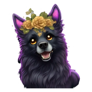Black iridescent fluffy dog fox head zombie skeleton gold mechanical nebula galaxy stars flowers fairy lights vintage sticker