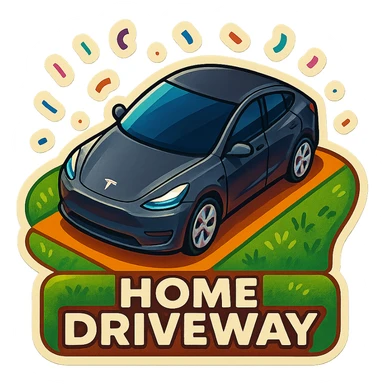 A Tesla Model Y parking in a home driveway with grass on the sides, from above, with confetti sticker