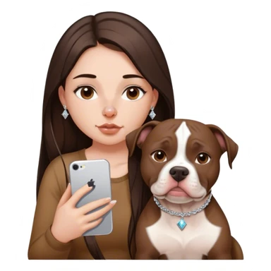 ￼ a young girl with long dark brown hair cascading down her face. It’s with her phone in her hands, sitting next to her pitbull with a small diamond nose ring in her nose. sticker