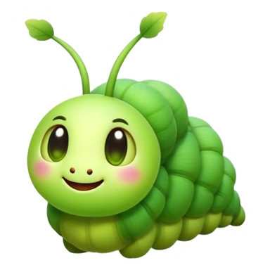 Cinematic Cute Caterpillar Portrait Emoji, Head tilted playfully and inquisitively, featuring a small, fuzzy body with rounded, plump segments, soft, endearing eyes and a charmingly wiggly movement, Simplified yet irresistibly adorable features, highly detailed, glowing with a warm, inviting green glow, high shine, affectionate and lively, stylized with a touch of whimsical woodland charm, soft glowing outline, capturing the essence of a mischievous caterpillar that seems as if it could crawl out of the screen into your arms! sticker