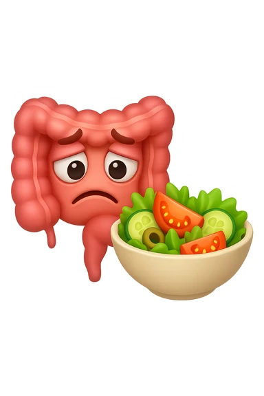 EMOJI STILE IPHONE DI UN INTESTINO UMANO ANATOMICO CHE GUARDA UN INSALATA CON ESPRESSIONE TRISTE E RASSEGNATA IN VOLTO: SOFFRE LA FAME PERCHé è A DIETA, FAGLI ANCHE LA PARTE BIANCA DEGLI OCCHI, NON SOLO LE PUPILLE sticker