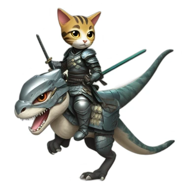 samurai cat riding a velociraptor with a futuristic armor sticker