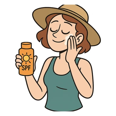 illustration of a woman gently rubbing sunscreen on her face with one hand, holding a sunscreen container in the other, casual summer look, no background sticker