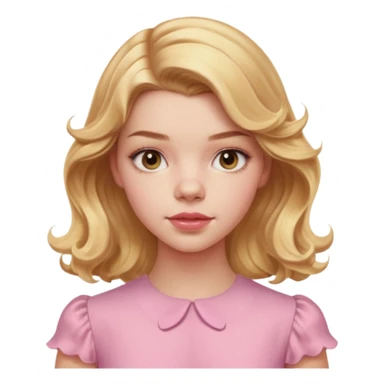 Cinematic Realistic Anya Taylor Joy Portrait, depicted with lifelike skin texture, subtle rosy undertones, and soft natural lighting that enhances the sweet blush contours of her face. Her intricately detailed golden blonde hair is elegantly wavy, and pink dress corquette sticker