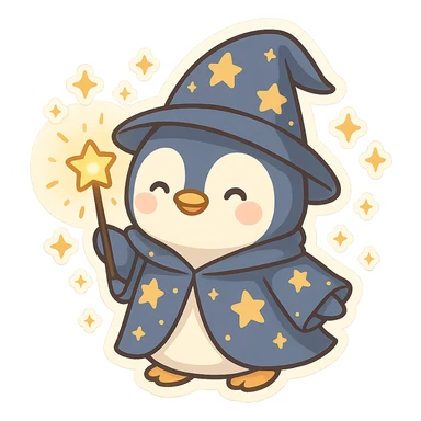 a cute penguin wizard with a starry robe and a glowing wand, magical sparkles around sticker