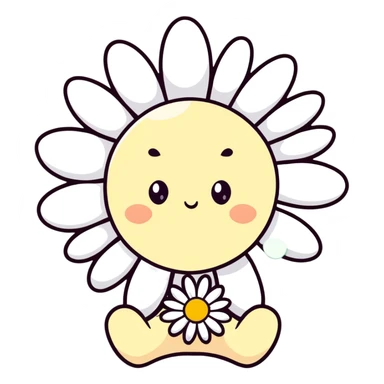 creamy white daisy flower with sleepy half-lidded eyes, sitting down with a blank stare, extremely soft round pastel character sticker