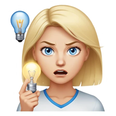woman with blond hair and blue eyes lighting up a lightbulb with her anger sticker