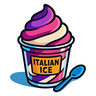 Italian ice in a clear cup, swirled layers of purple, pink, and white, with a small spoon sticker