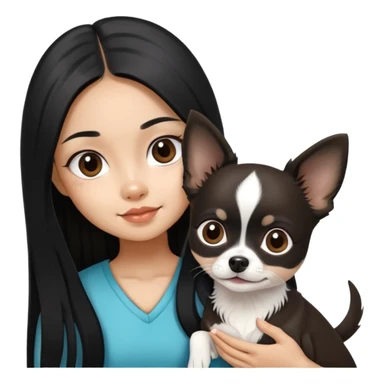 Thai girl with long black hair holding a black and white Chihuahua dog sticker
