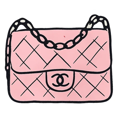 pink Chanel purse with visible chain strap, hand-drawn black outline icon style, no fill sticker