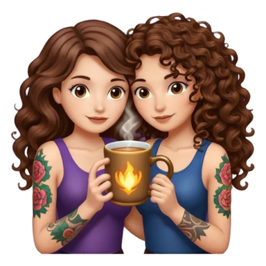 warm potion break — long wavy brown hair tattooed woman and short tight curly brown hair woman — hugging glowing mug sticker