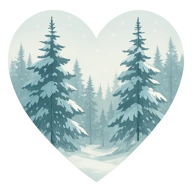 heart with a tranquil snowy pine grove, clean digital illustration sticker