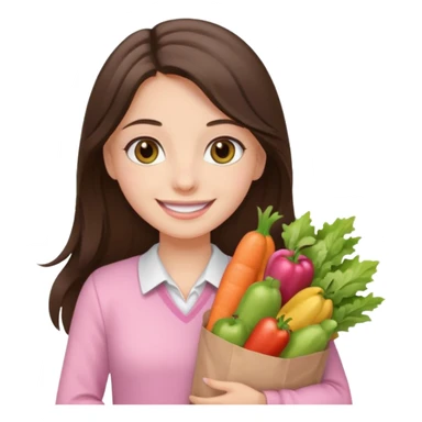 smiling long brunette hair girl hazel eyes wearing light pink clothes holding groceries sticker