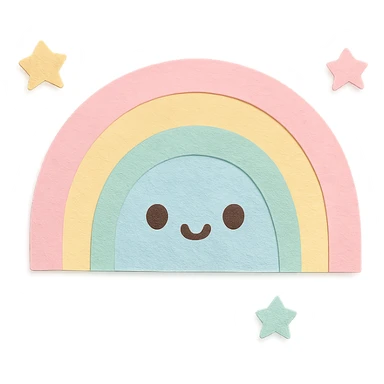 soft pastel gentle rainbow arc with tiny star companions, no arms, no legs, full body, soft pastel kawaii paper craft style sticker