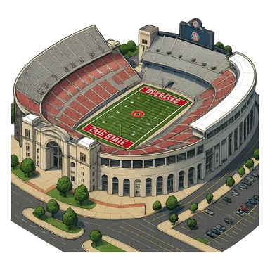 Изометричная, яркая, детализированная и фотореалистичная иллюстрация стадиона Ohio Stadium в стиле 3D-коллажей городов, насыщенные цвета, аккуратные линии, мультяшно-реалистичная стилистика. Чёткие контуры, прозрачный фон, высокое качество. sticker