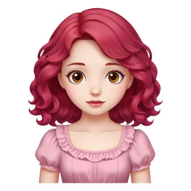 A pale girl with cherry red wavy hair and brown eyes, wearing a pink cute dress. sticker