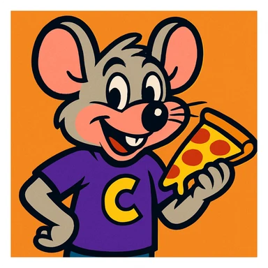 Chucky Cheese style mouse mascot, holding a slice of pizza, purple shirt, playful expression, cartoon style sticker