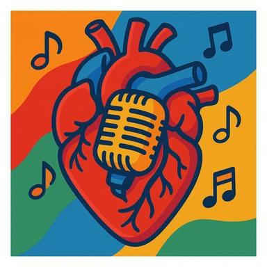 anatomical heart with a classic microphone embedded, music notes floating around, artistic vibe sticker