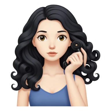 pale skinned woman with long black hair curling her hair, getting ready sticker