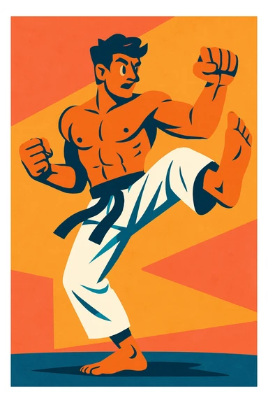 a tall, athletic man, shirtless, in white karate pants, stylized illustration, dynamic pose sticker