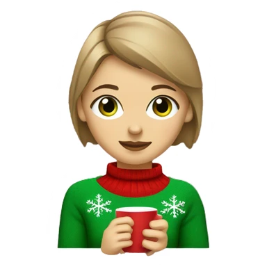 Light brown short haired girl with green eyes drinking coffee wearing red Christmas sweater sticker