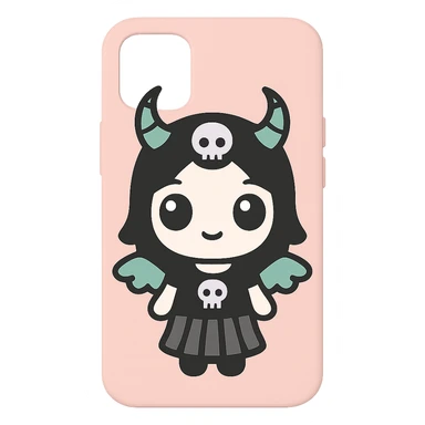 Remove any purse or purse-matching elements. Focus only on a white and black gothic kawaii phone case with big eyes, smiling, playful, cartoonish style, and gothic symbols. No purse references. No background. sticker