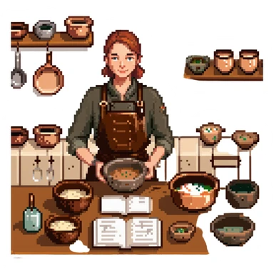 A confident journeyman baker working with copper mixing bowls, enamel measuring cups, and a leather-bound recipe book. The environment features warm lighting, brass utensils, and stitched cloth textures. UI elements resemble embossed leather tabs and metallic buttons. sticker
