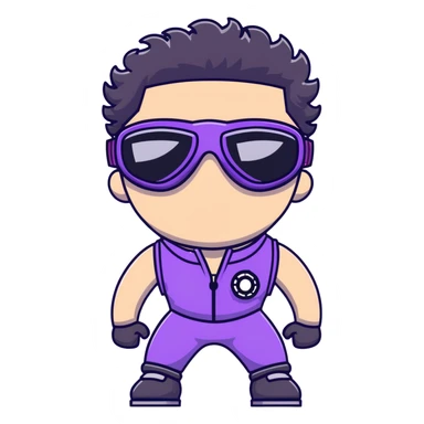 male athlete with white skin and moderately curly black hair on top with shaved sides, wearing ski goggles with purple frames and very dark black lenses, a simple plain black chain necklace, and a completely unzipped sleeveless vest with purple and black sequin fire pattern design with no logo or brand emblem, fully revealing his chest, shoulders and arms, no earrings sticker