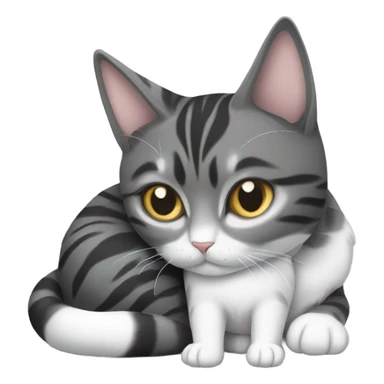Grey and black tabby with white legs loving a calico cat sticker