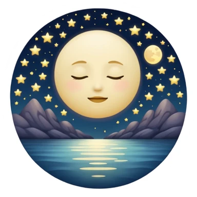 "Design a calming circle emoji for evening reflection. Soft moonlight, gentle stars, peaceful or spiritual symbols. No people - emphasize tranquil colors, night sky elements, and serene spiritual imagery." sticker