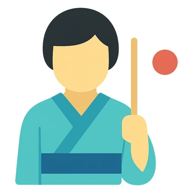 person in a traditional Japanese kimono holding the flag of Japan, color icon sticker