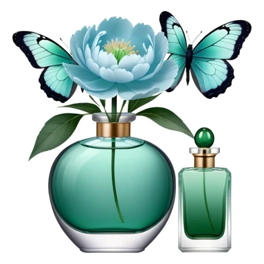 A delicate arrangement of pale blue peonies and a translucent green  butterfly near a deep green color perfume bottle.    sticker
