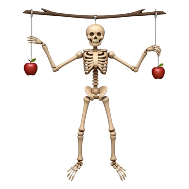 3D render of Skeleton Marionette as a wooden marionette puppet, Wooden bones, hanging loose, silver metal screw joints at elbows and knees, polished brown wood texture, rigid toy pose, Apple emoji style, isolated on white background --v 6.0. sticker